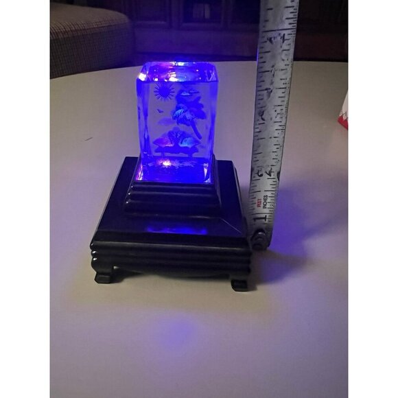 Vintage Flamingo and Palm Tree Etched Crystal Glass Block with Color Light Stand - Picture 9 of 9